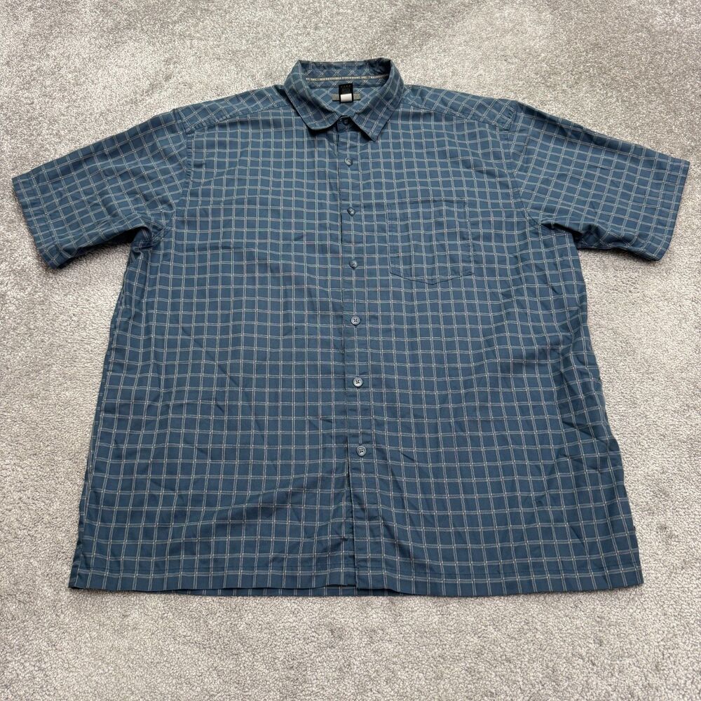 REI Y2K Button Down Shirt Mens XL Blue Check Short Sleeve Cotton Casual Outdoor